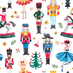 Christmas watercolor seamless pattern with the Nutcracker, ballerinas, soldier, stars, Christmas decorations, Christmas tree. Christmas illustrations on white background.