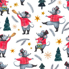 Christmas watercolor seamless pattern with the mouse soldier, Christmas decorations, Christmas tree. Christmas illustrations on white background.
