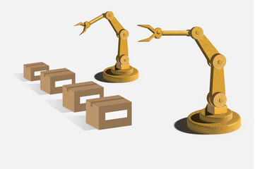 3D Realistic Factory robot arms, manipulators and cranes for manufacture industry. Flat mechanic control tool, automation technology equipment set. 
