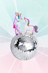 Creative artwork collage of excited cute lady in kigurumi nightwear daydreaming dancing huge disco...