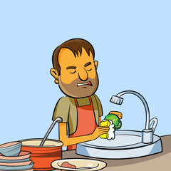 illustration of a man who is washing up dishes