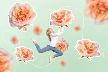 Collage picture of excited cheerful girl arms hold big rose isolated on creative flowers background