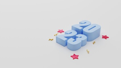 3d rendering, 3d illustration, 2023 number in pastel colors on white background decorated by stars and ribbon, new year concept in isometric view point