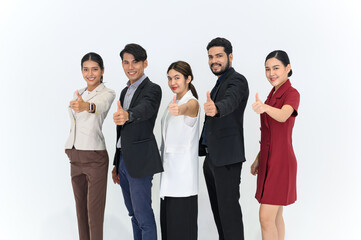 Group portrait of Young Asian Businesspeople standing in a row smiling and showing thumbs up, happy professional team people recommend best corporate. Isolate on white background. looking at camera.