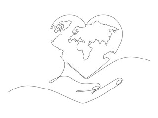 Human hand holding Earth globe continuous line art drawing. Save of Planet linear concept. Vector illustration isolated on white.