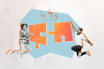 Portrait of composite collage image of two excited positive people hands hold big puzzle pieces...