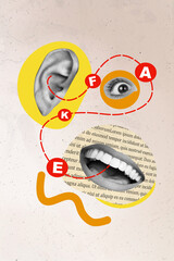 Vertical collage illustration of human facial parts mouth eye ear black white colors connect listen...