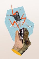 Poster collage of prehistoric magazine drawing huge dinosaurs head jaws catching falling down guy...