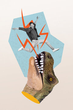 Poster collage of prehistoric magazine drawing huge dinosaurs head jaws catching falling down guy screaming loud