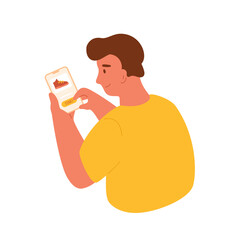 Man using smartphone with virtual shoes on screen. Move 2 earn concept. Isolated character portrait with gadget in his hands. Vector illustration. Fitness application, tokens earnings from active life