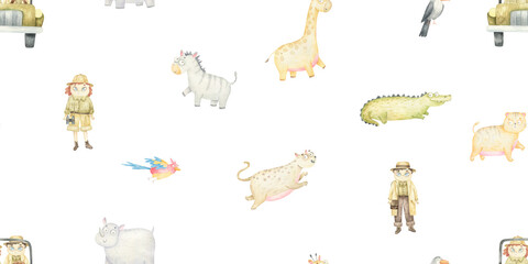seamless pattern with safari animals with explorers, cute childish watercolor illustration
