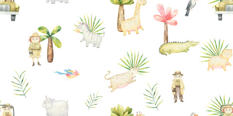 seamless pattern with safari animals, reptiles and birds, in tropical palm colors, explorers, cute watercolor illustration on white background