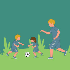Simple Vector illustration of the young father running and playing football soccer with his son and daughter at public park vector illustration. Happy family parenting concept. line art modern design