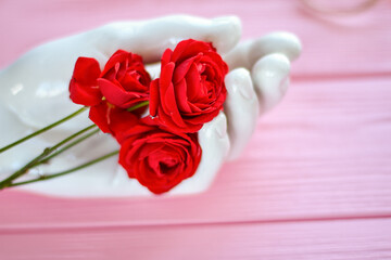 Close up white manneqin hand with rose flowers. Pink wood background.
