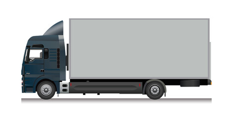 Side view of a modern large grey cargo truck with copy space isolated on a white background, vector illustration