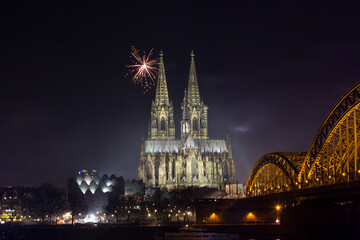 fireworks display near the cathedral in Cologne, Germany