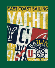 East coast sailing yacht club vintage print for child kid t shirt grunge effect in separate layer - obrazy, fototapety, plakaty