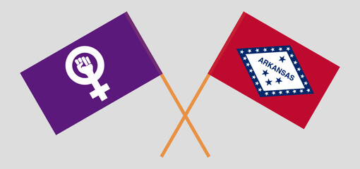 Crossed flags of Feminism and The State of Arkansas. Official colors. Correct proportion