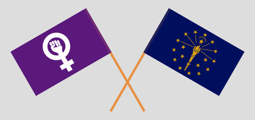 Crossed flags of Feminism and the State of Indiana. Official colors. Correct proportion