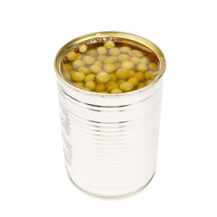 Canned green peas on a white background.