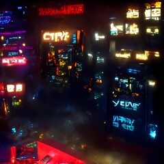 Dark neon lit city plaza view from overhead at night - cyberpunk sci-fi video game concept art digital painting artwork © Images