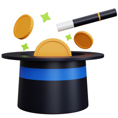 3d rendering magic hat with wand magic and some coin isolated