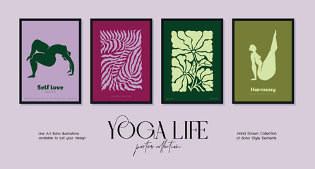 Bohemian poster collection with woman silhouettes in yoga poses and botanical illustrations for your wall art gallery