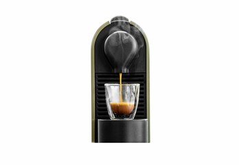Nespresso machine pouring hot coffee on a white background