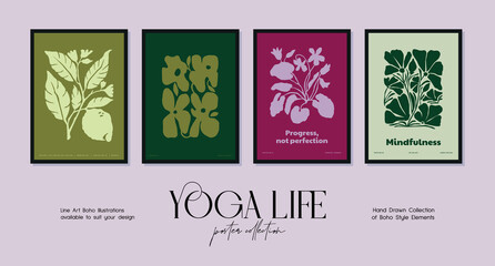 Fototapeta na wymiar Bohemian poster collection with woman silhouettes in yoga poses and botanical illustrations for your wall art gallery