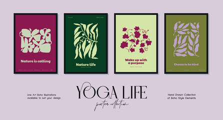 Bohemian poster collection with woman silhouettes in yoga poses and botanical illustrations for your wall art gallery