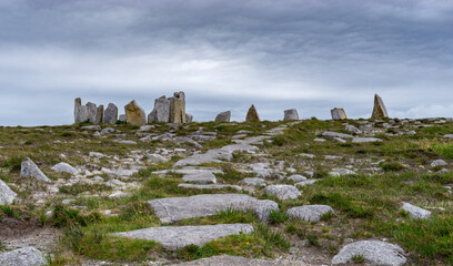 panorama of the megalith site of Tobar Dherbhile on the Mullet Peninsula of County Mayo in Ireland