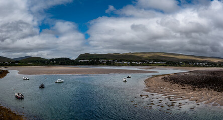 landscape of the village and harbor of Mulranny in County Mayo of western Ireland