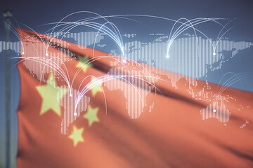 Abstract graphic digital world map hologram with connections on Chinese flag and blue sky background, globalization concept. Multiexposure
