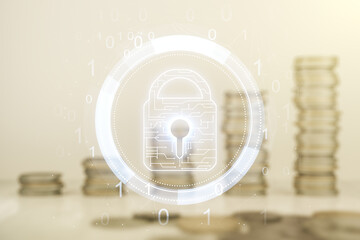 Virtual creative lock symbol and microcircuit illustration on stacks of coins background. Protection and firewall concept. Multiexposure