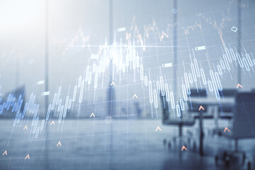 Double exposure of abstract creative financial diagram and world map on a modern boardroom background, banking and accounting concept