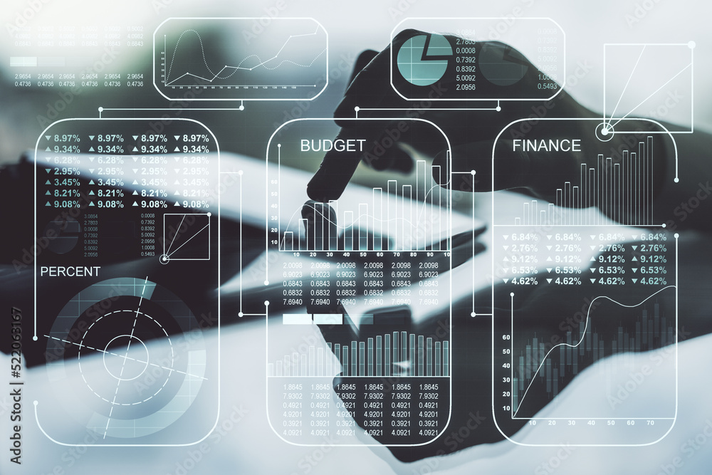 Poster Multi exposure of stats data illustration with finger presses on a digital tablet on background, computing and analytics concept