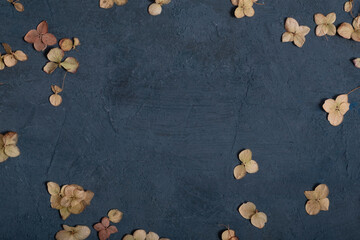 Fototapeta na wymiar Dried golden autumn or winter leaves on dark textured concrete background with copy space