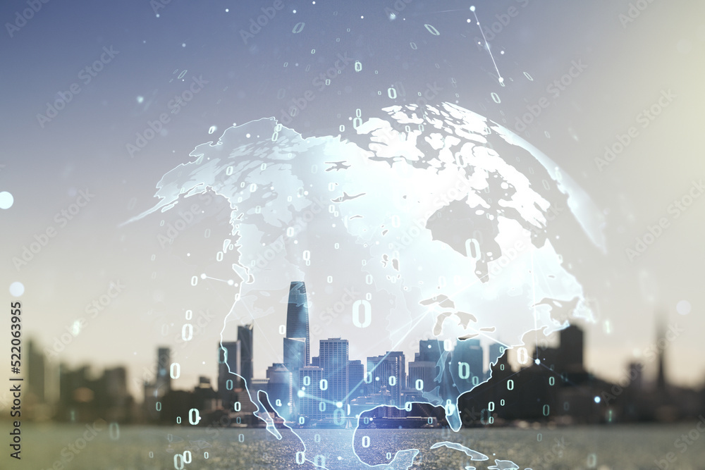 Poster multi exposure of abstract graphic coding sketch and world map on san francisco cityscape background