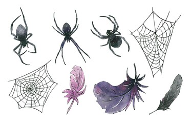 Set of Halloween elements in black and pink color. Hand painted watercolor ilustrations, isolated