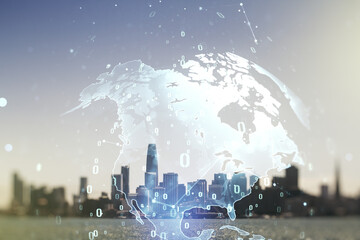 Multi exposure of abstract graphic coding sketch and world map on San Francisco cityscape background, big data and networking concept