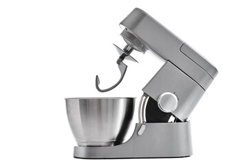 Silver food processor with hook on white background isolated, kitchen electric mixer, Modern...