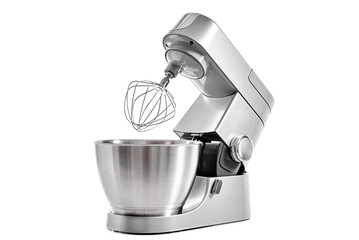 Silver food processor with whisk on white background isolated, kitchen electric mixer, Modern...