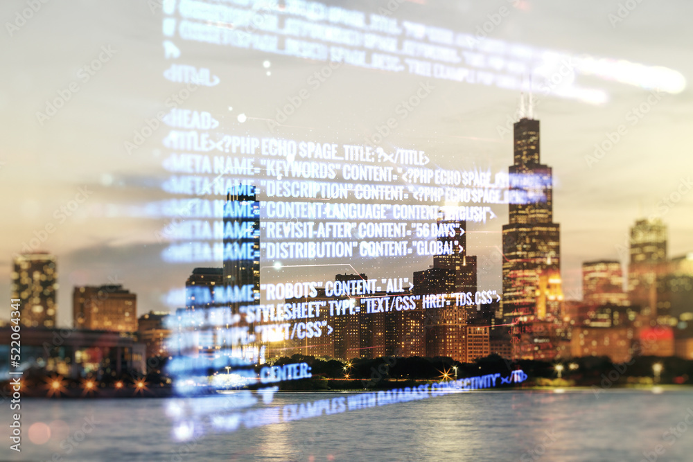 Poster multi exposure of abstract programming language hologram on chicago office buildings background, art
