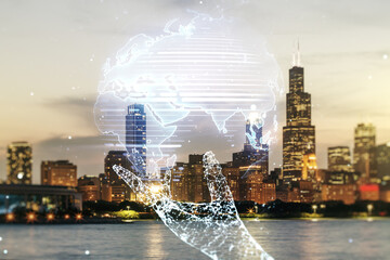 Multi exposure of abstract creative digital world map hologram on Chicago city skyline background, tourism and traveling concept
