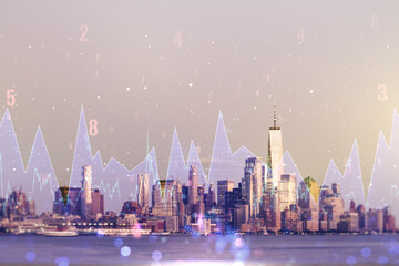 Obraz premium Multi exposure of creative statistics data hologram on New York city skyscrapers background, stats and analytics concept