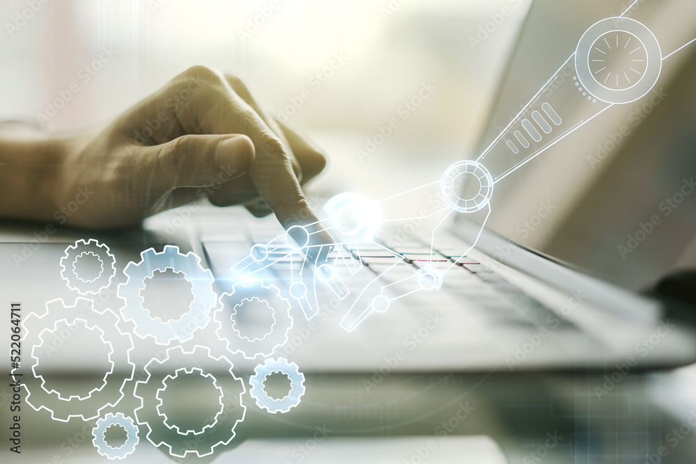Aufkleber creative concept of robotics technology and hands typing on laptop on background. robot development 