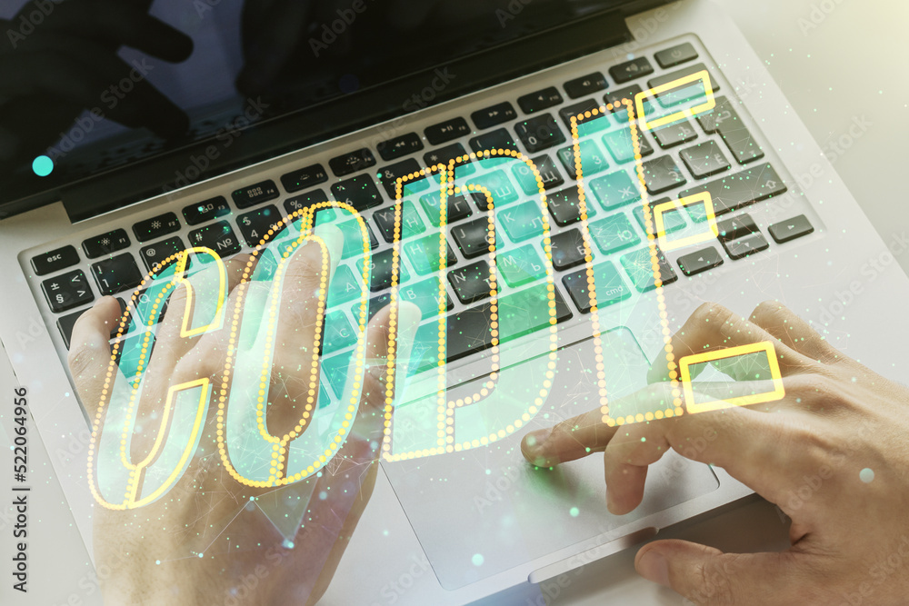 Poster creative code word hologram and hands typing on computer keyboard on background, artificial intellig