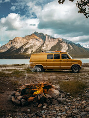 Vintage Van among Mountains Banff Travel Scenery