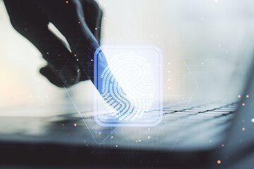 Abstract creative fingerprint illustration with hands typing on laptop on background, personal biometric data concept. Multiexposure