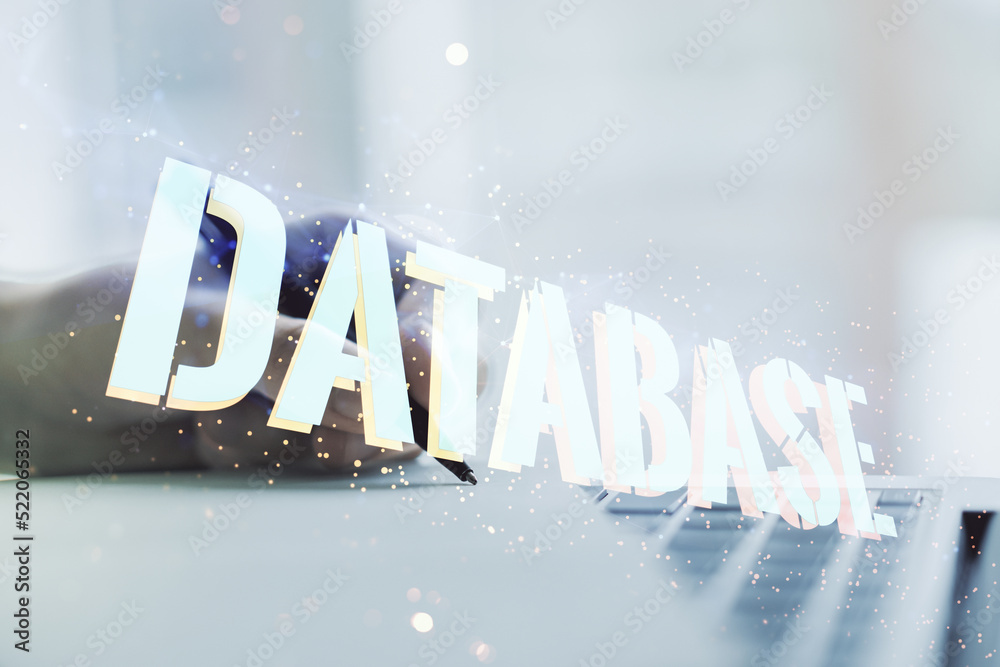 Wall mural double exposure of database word sign with hand writing in diary on background with laptop, global r